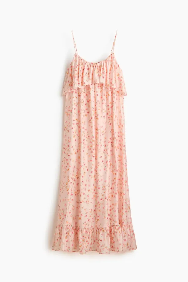 Light Pink Floral Tiered A-Line Midi Dress with Adjustable Spaghetti Straps – image 5