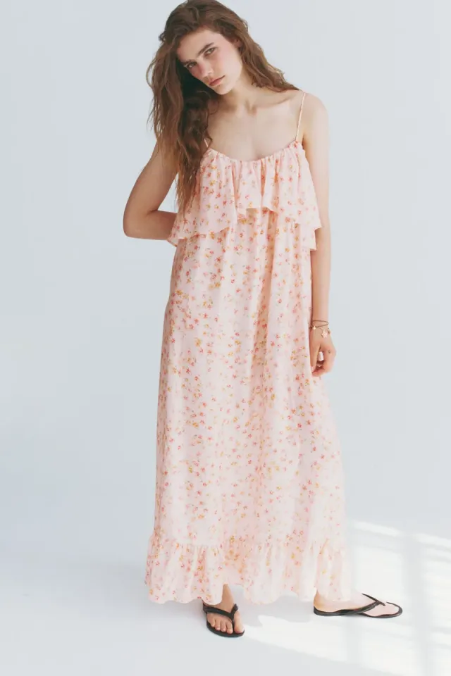 Light Pink Floral Tiered A-Line Midi Dress with Adjustable Spaghetti Straps – image 3