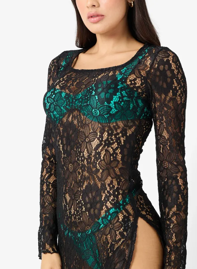 Black Floral Crochet Maxi Beach Dress with Square Neck and Long Sleeves – image 3