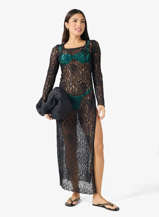 Black Floral Crochet Maxi Beach Dress with Square Neck and Long Sleeves – image 4