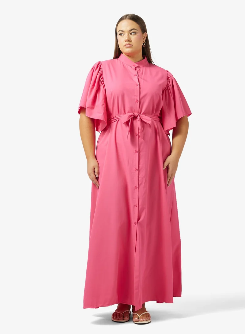 Flounce Sleeve Button-Up A-Line Dress