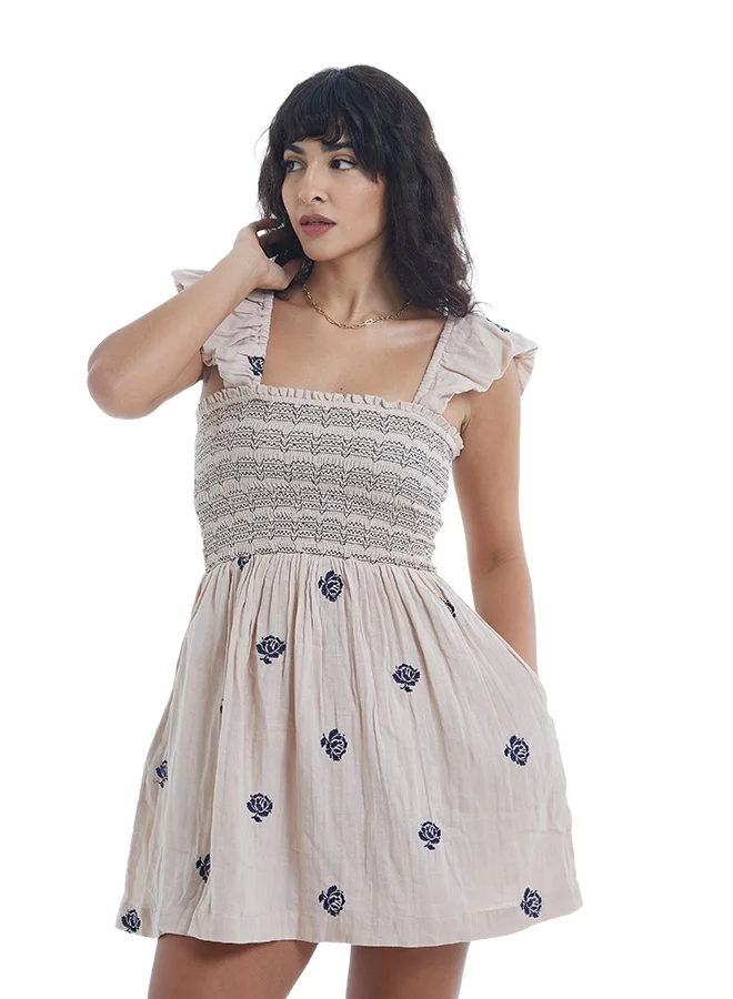 Women's Cotton Smocked Embroidered Short Dress