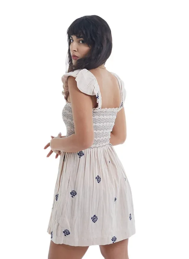 Women's Cotton Smocked Embroidered Short Dress – image 4