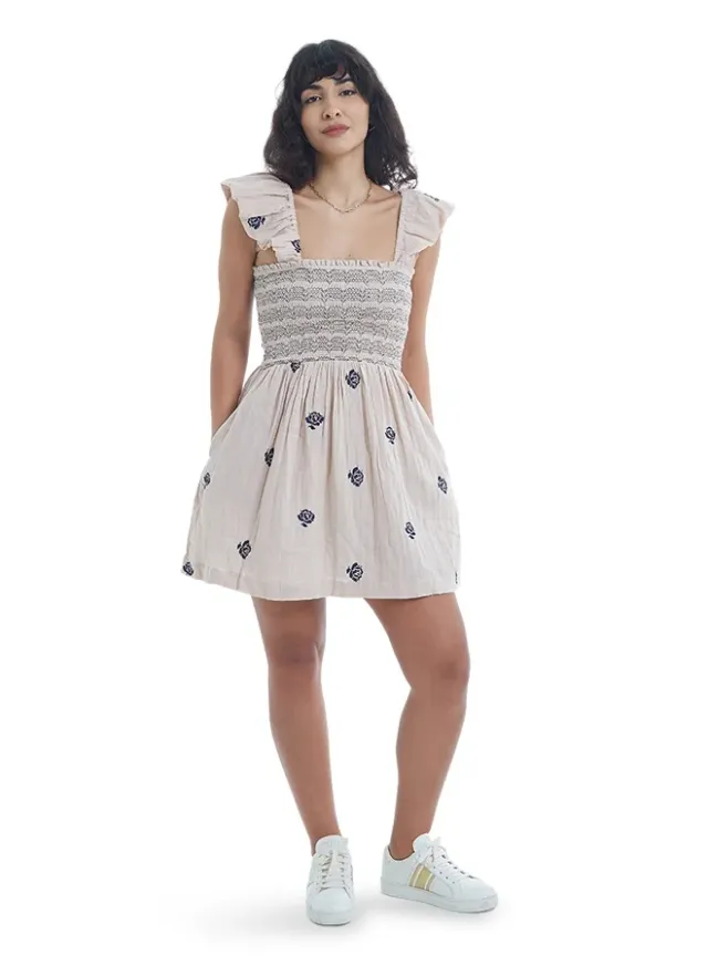 Women's Cotton Smocked Embroidered Short Dress – image 5