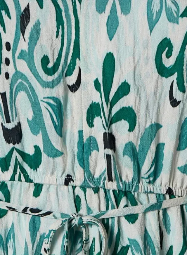 Green and White Printed Tiered Midi Dress with V-Neck and Short Sleeves – image 4