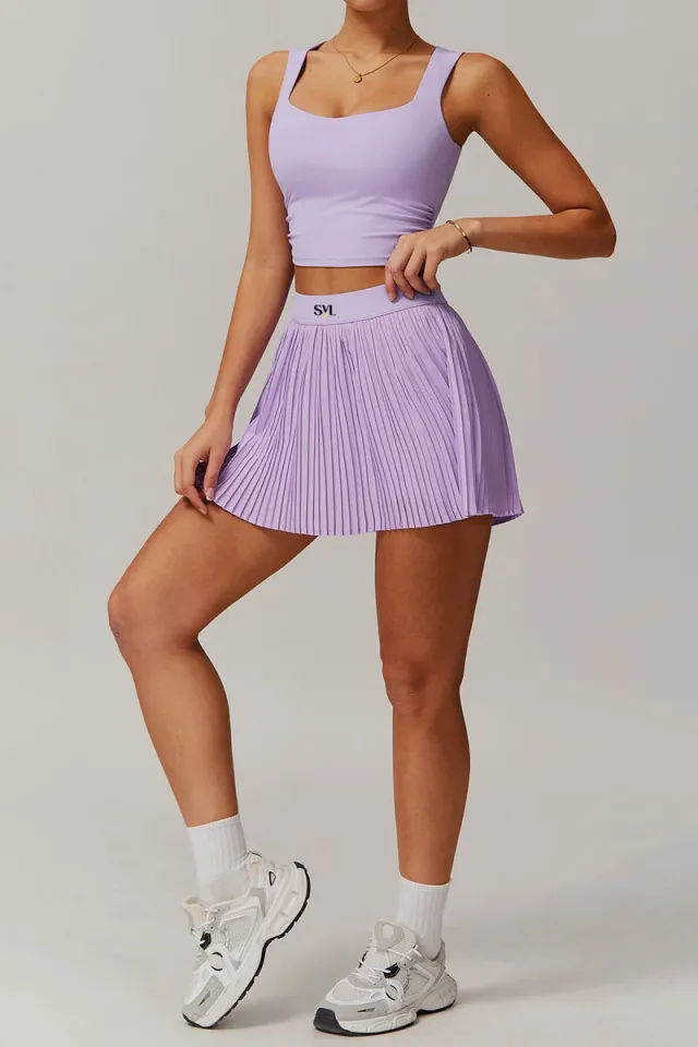 Plush Pleat تنورة تنس وباديل بخصر مرتفع مع شورت مدمج وجيوب - لافندر – صورة 4