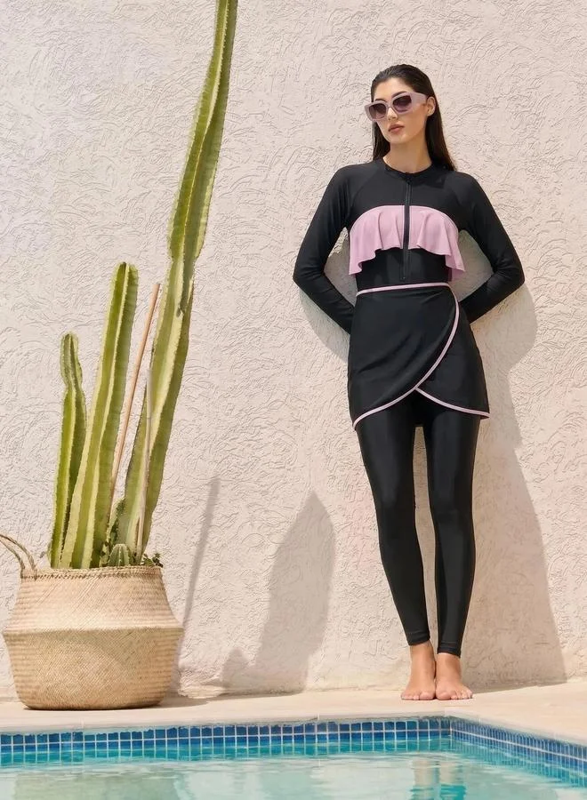 Raglan Ruffle 3-Piece Burkini Swim Set