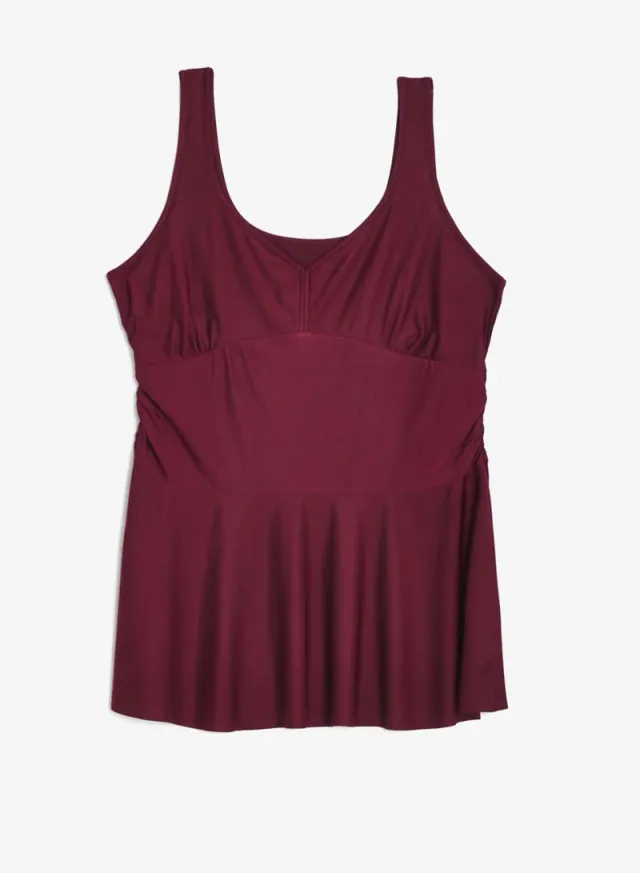 Burgundy Plunge Neck Swimsuit with Skirt for Women – image 4