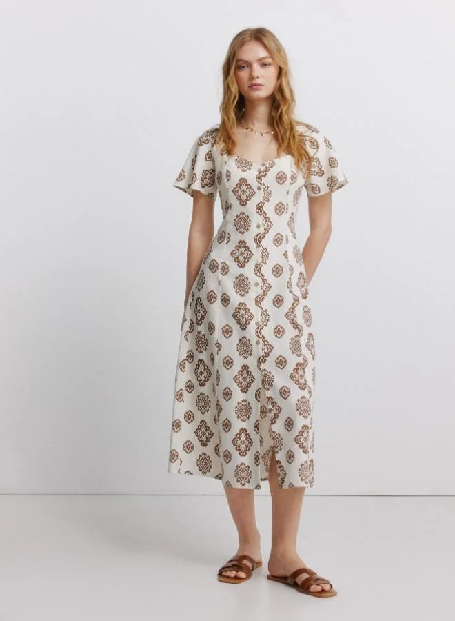 Printed Semi-Fitted Short Sleeve V-Neck Flared Midi Shirt Dress