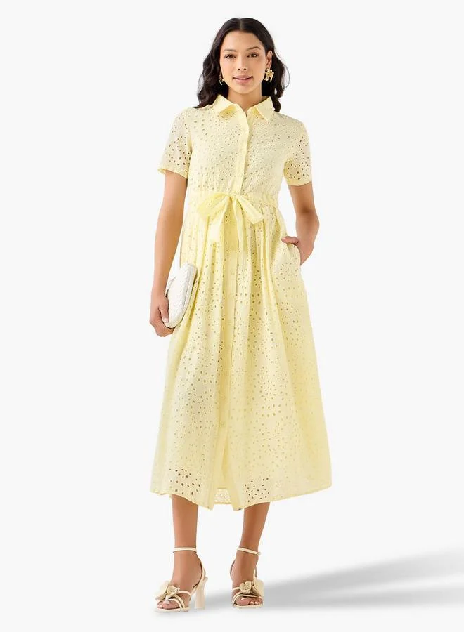 2Xtremz Belted Midi Cotton Shirt Dress Schiffli Embroidered