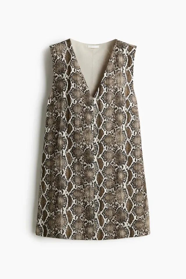 Beige Printed V-Neck Sleeveless A-Line Midi Dress – image 4
