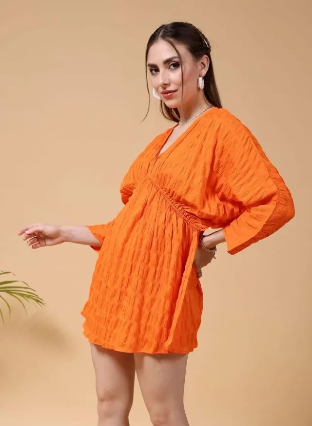 V-Neck Fit & Flare Mini Dress with Textured Three-Fourth Sleeves – image 3