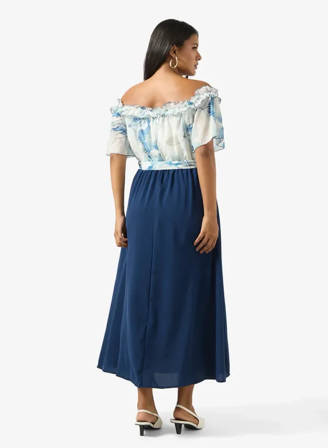 Navy Blue and White Floral Off-Shoulder Maxi Dress – image 2