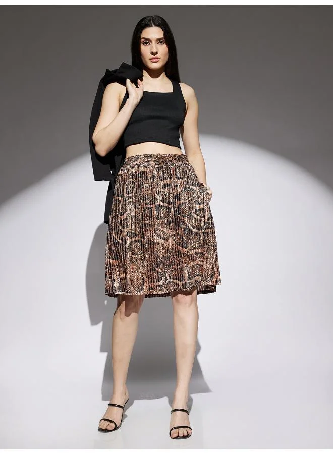 Animal Print Accordion Pleated Skirt Gold