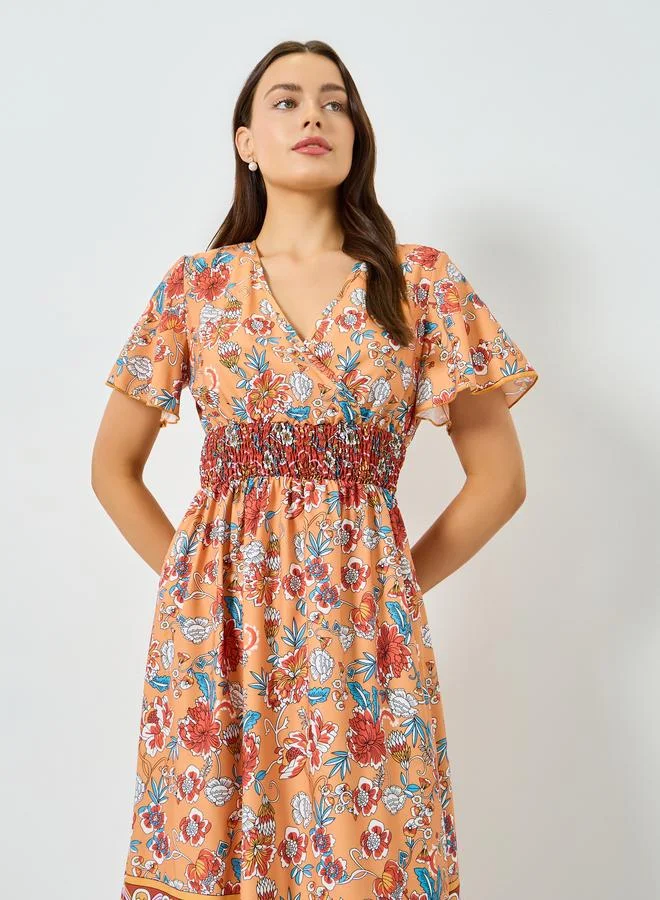 Printed Smocked Waist Midi Dress