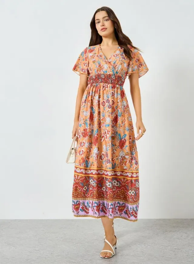 Printed Smocked Waist Midi Dress – image 5