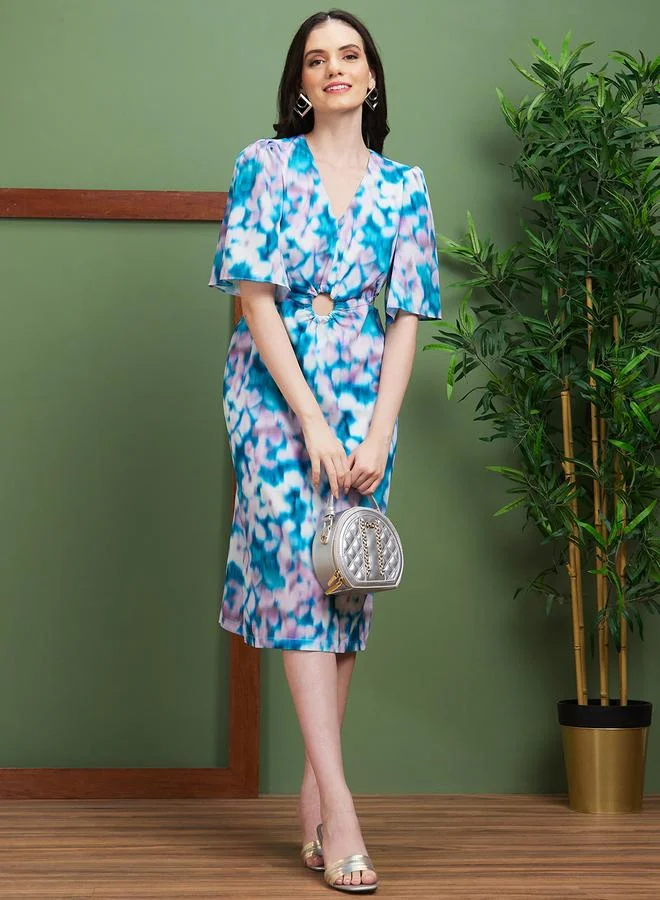 Women's Abstract Print V-Neck Cut Out Sheath Midi Dress