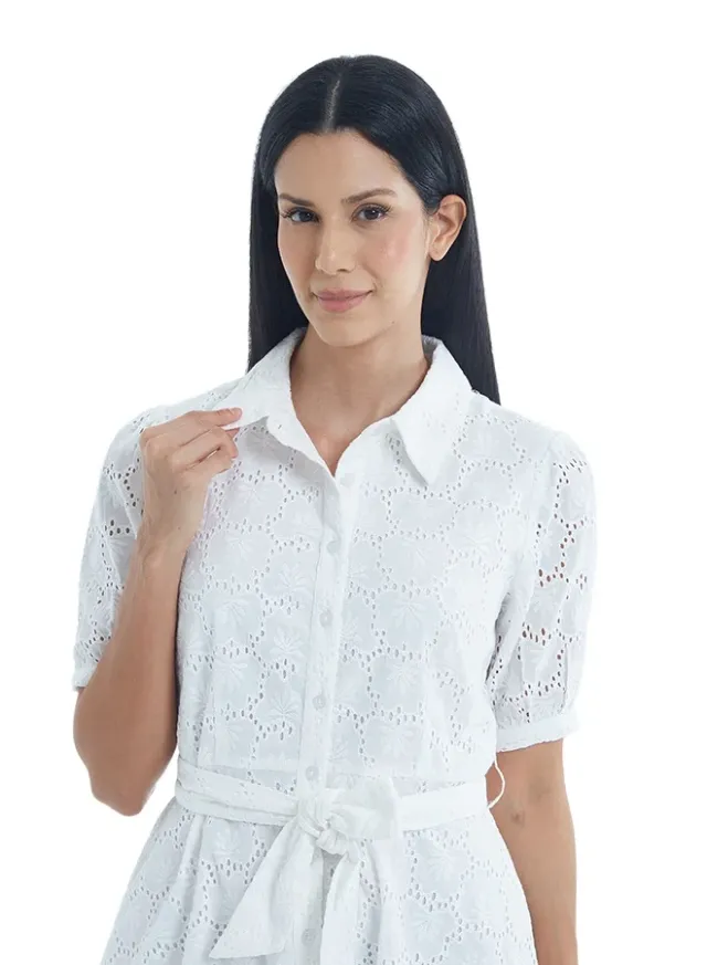 Women's Short Sleeve Cotton Button Down Dress with Belt – image 6