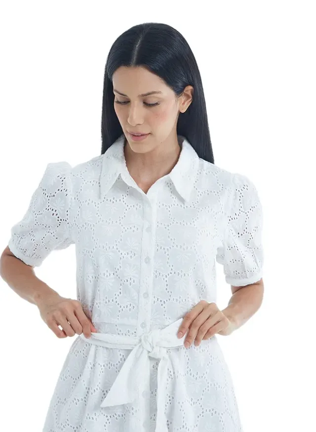 Women's Short Sleeve Cotton Button Down Dress with Belt – image 7