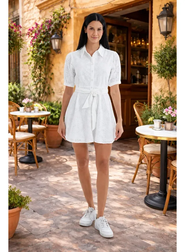 Women's Short Sleeve Cotton Button Down Dress with Belt – image 8
