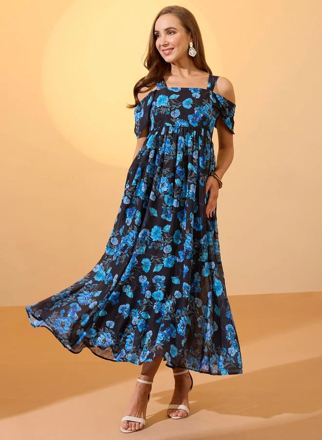 Floral Print Cold Shoulder Maxi Dress, Blue