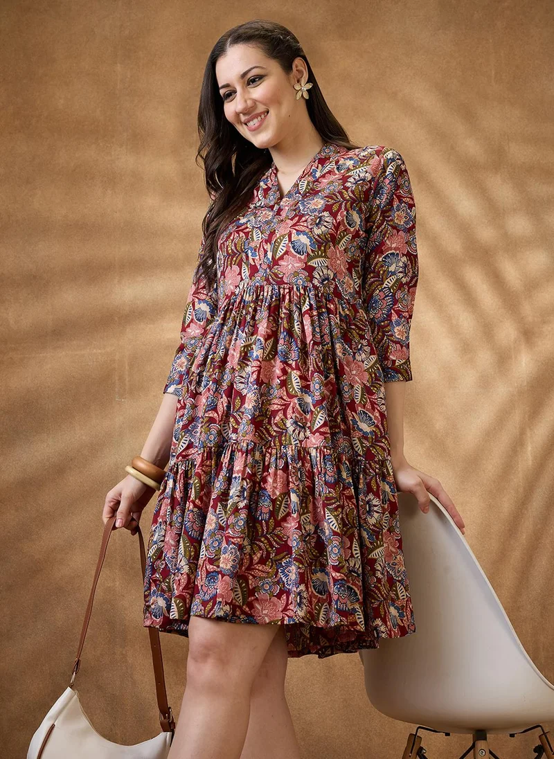 Women's Floral V-Neck Tiered Mini Dress Multi