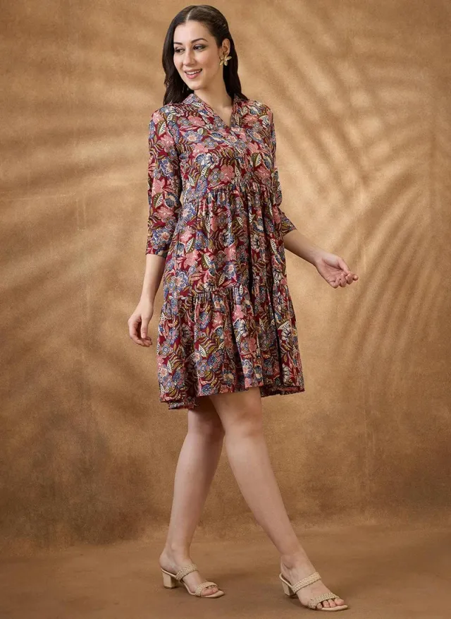 Women's Floral V-Neck Tiered Mini Dress Multi – image 3