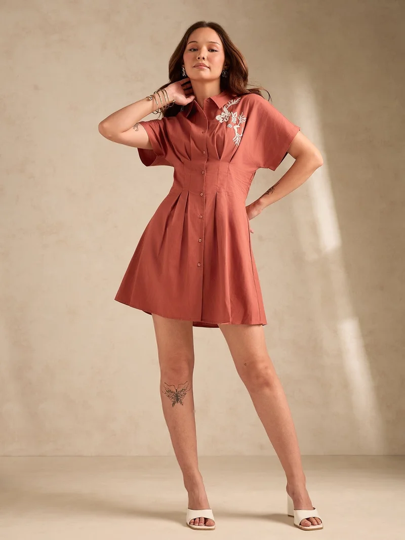 Dolman Printed Belted Shirt Dress Rust