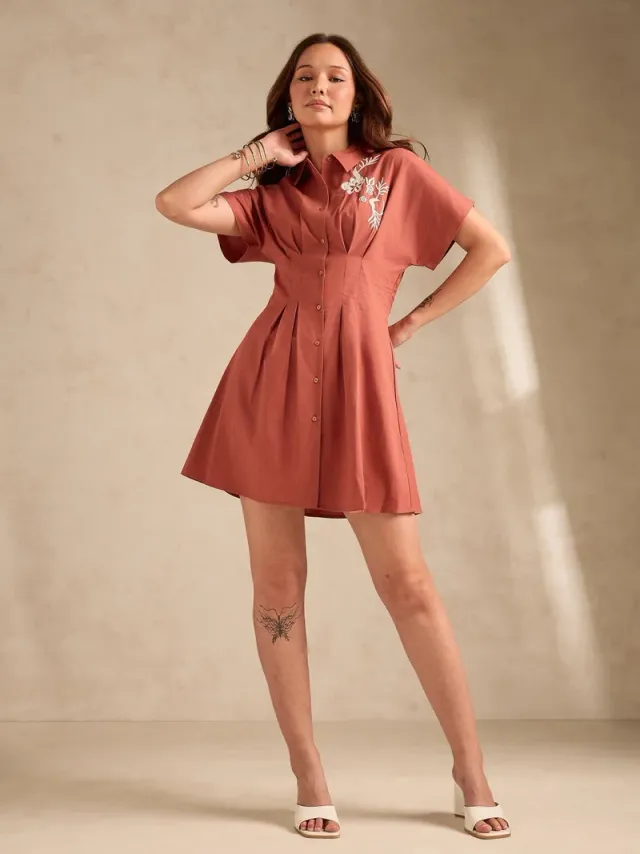 Dolman Printed Belted Shirt Dress Rust