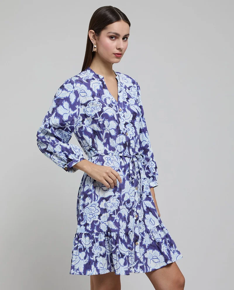Floral Print Shirt Dress with Puff Sleeves