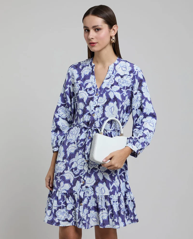 Floral Print Shirt Dress with Puff Sleeves