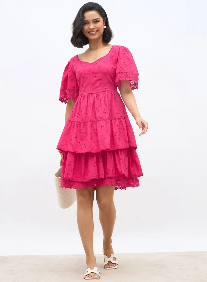 Schiffli Tiered Flared Sleeve Knee-Length Dress