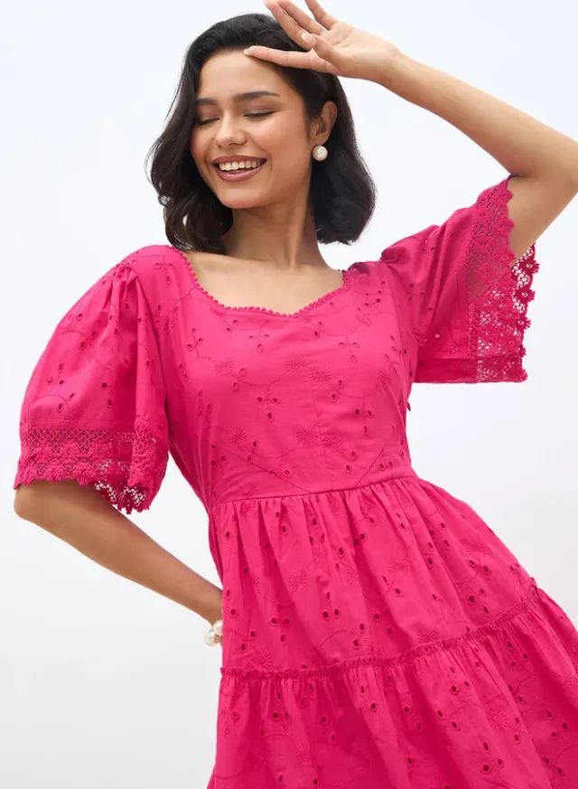 Schiffli Tiered Flared Sleeve Knee-Length Dress – image 4