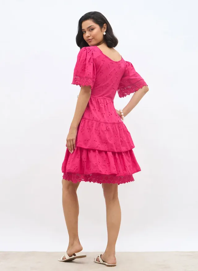 Schiffli Tiered Flared Sleeve Knee-Length Dress – image 5