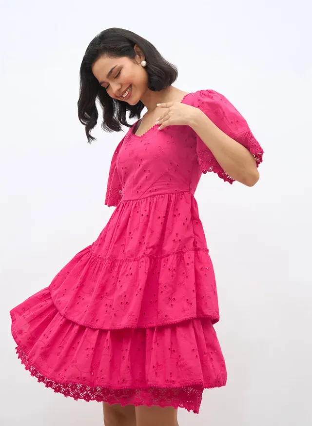 Schiffli Tiered Flared Sleeve Knee-Length Dress – image 6