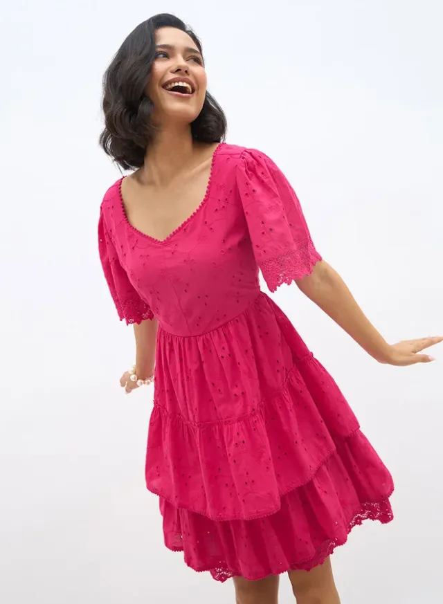 Schiffli Tiered Flared Sleeve Knee-Length Dress – image 7