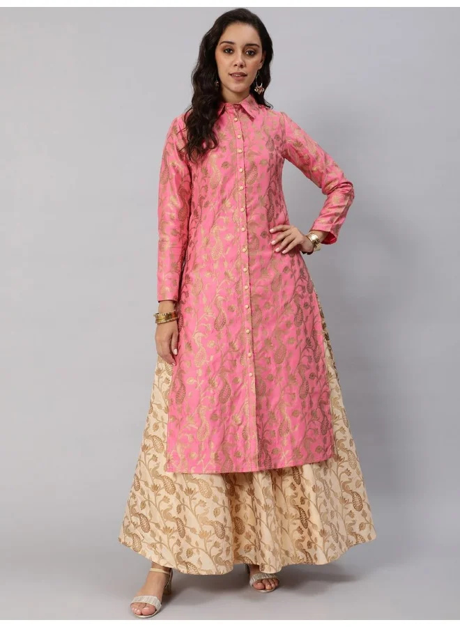 Jacquard Zari Work Straight Kurta Pink & Gold