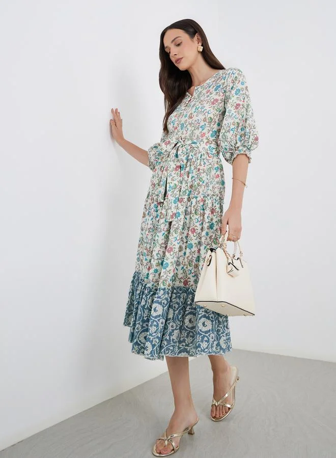 Women's Floral Print Tie-Belt Midi Dress