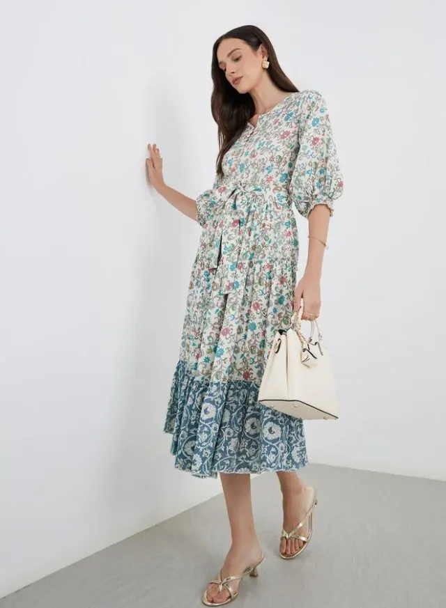 Women's Floral Print Tie-Belt Midi Dress
