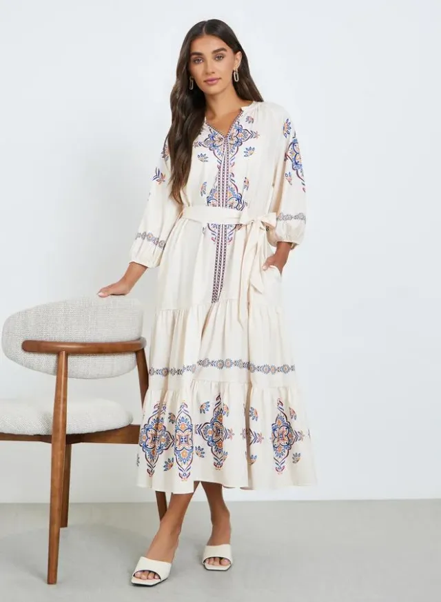 Floral Print Tiered Midi Dress Cream – image 6