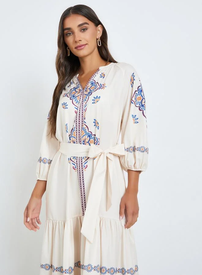 Floral Print Tiered Midi Dress Cream