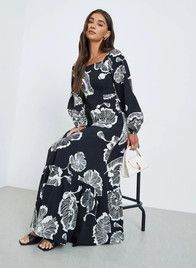 Floral Square Neck Maxi Dress Black