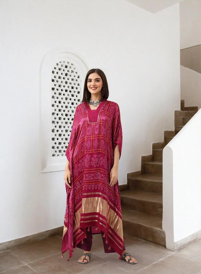 Women's Embellished Viscose Straight Fit Midi Kaftan Dress Red