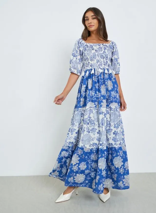 Printed Tiered Maxi Dress 3/4 Sleeve Blue