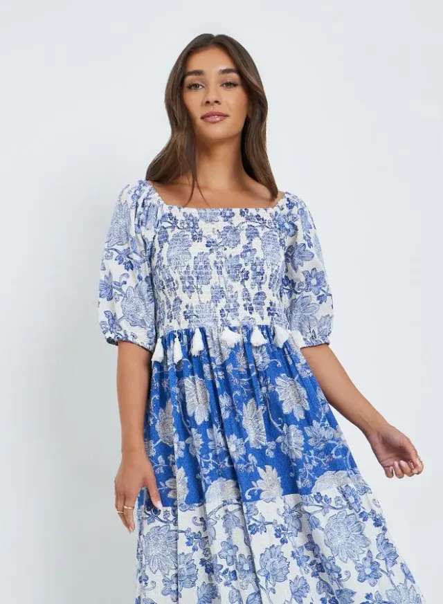 Printed Tiered Maxi Dress 3/4 Sleeve Blue – image 2