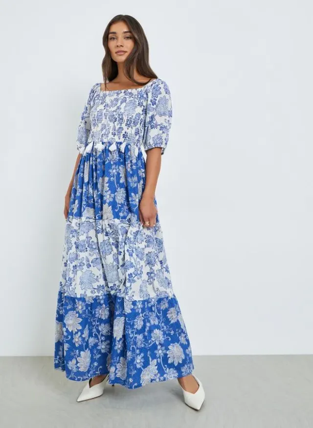 Printed Tiered Maxi Dress 3/4 Sleeve Blue – image 3