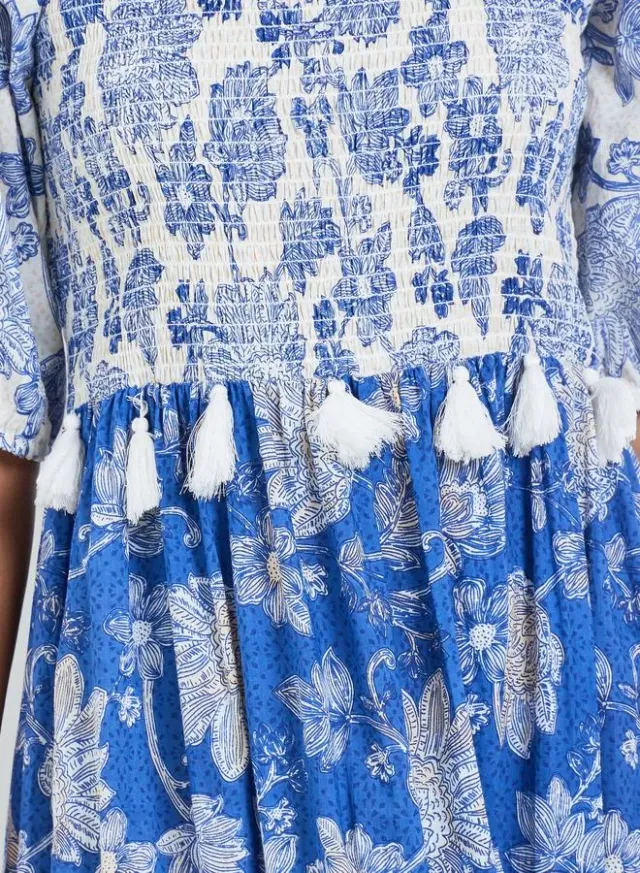 Printed Tiered Maxi Dress 3/4 Sleeve Blue – image 4