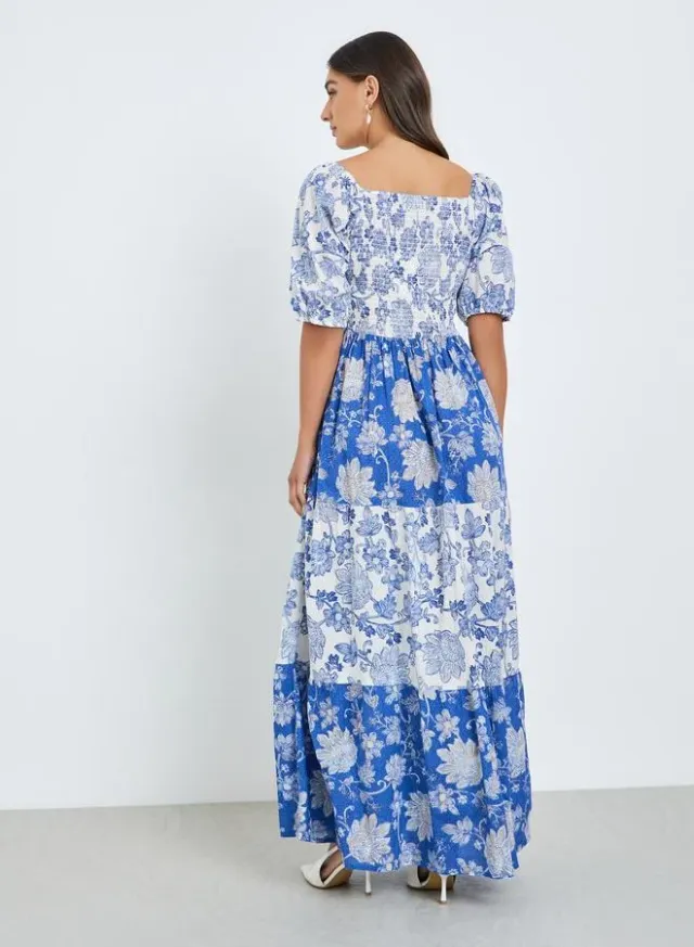 Printed Tiered Maxi Dress 3/4 Sleeve Blue – image 5