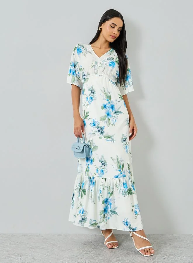 Floral Short-Sleeve A-Line Maxi Dress