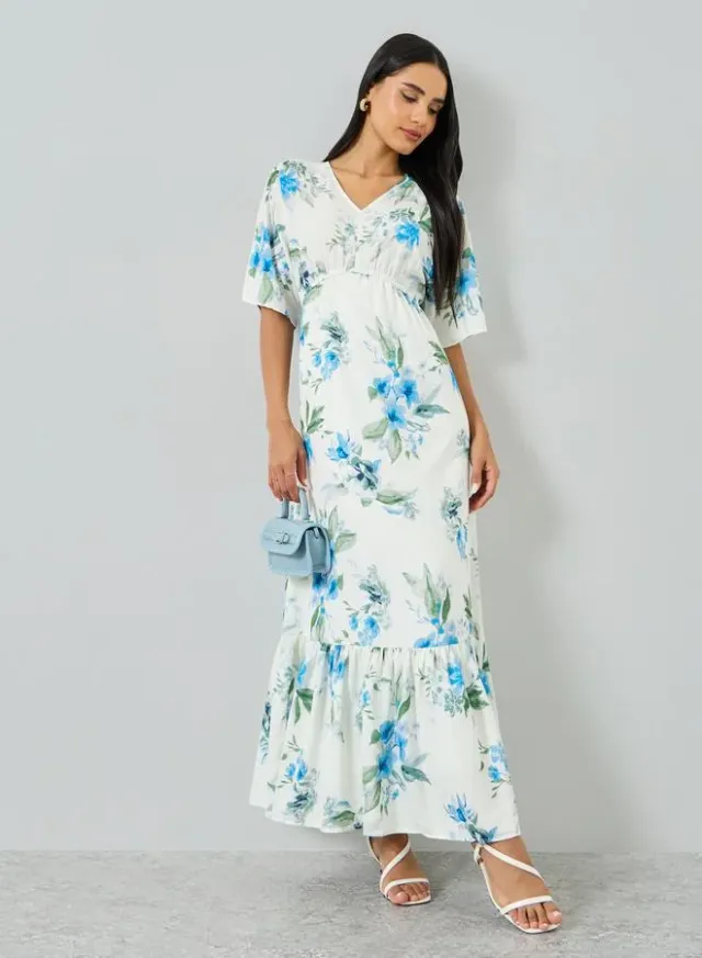 Floral Short-Sleeve A-Line Maxi Dress